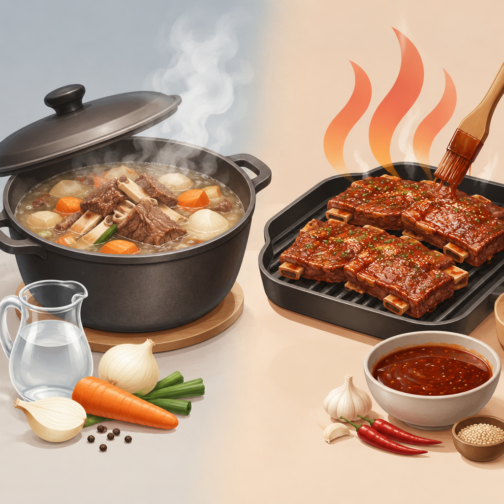 AI 생성 설명 이미지: 안산일동고기집 유니드정육식당 | 갈비찜과 양념갈비, 조리 중 수분 사용의 차이