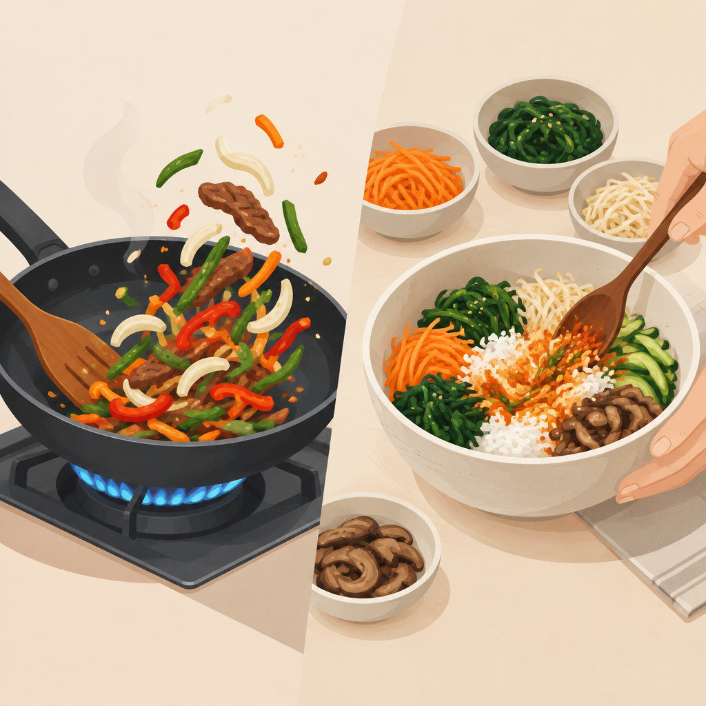 AI 생성 설명 이미지: 안산일동맛집 유니드정육식당 | 볶음과 비빔, 메뉴 이름으로 조리와 먹는 방식을 구분하는 법